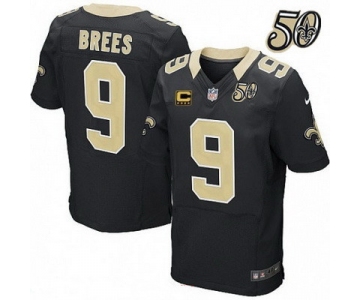 Men's New Orleans Saints #9 Drew Brees Black 50th Season Patch Stitched NFL Nike Elite Jersey with C Patch