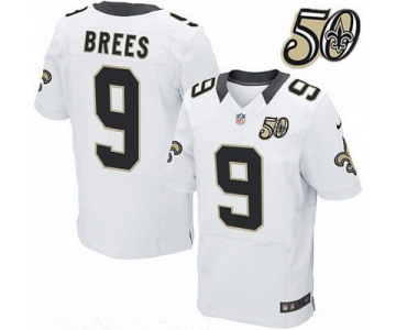 Men's New Orleans Saints #9 Drew Brees White 50th Season Patch Stitched NFL Nike Elite Jersey