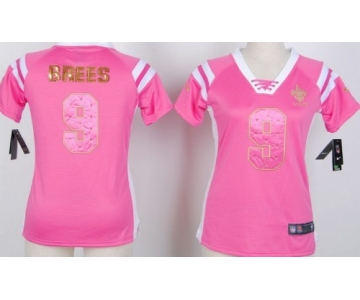 Nike New Orleans Saints #9 Drew Brees Drilling Sequins Pink Womens Jersey