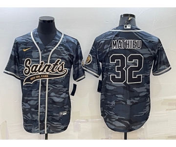 Men's New Orleans Saints #32 Tyrann Mathieu Grey Camo With Patch Cool Base Stitched Baseball Jersey