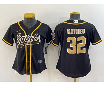 Women's New Orleans Saints #32 Tyrann Mathieu Black With Patch Cool Base Stitched Baseball Jersey