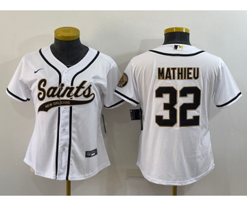 Women's New Orleans Saints #32 Tyrann Mathieu White With Patch Cool Base Stitched Baseball Jersey