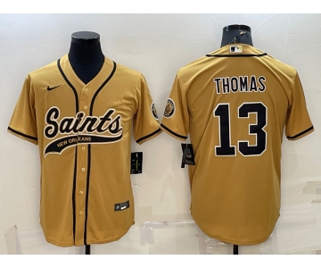 Men's New Orleans Saints #13 Michael Thomas Gold With Patch Cool Base Stitched Baseball Jersey