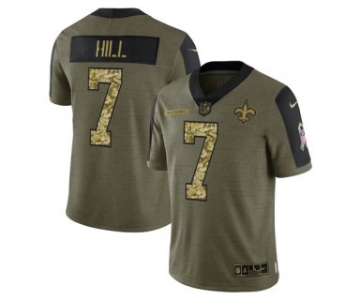 Men's Olive New Orleans Saints #7 Taysom Hill 2021 Camo Salute To Service Limited Stitched Jersey