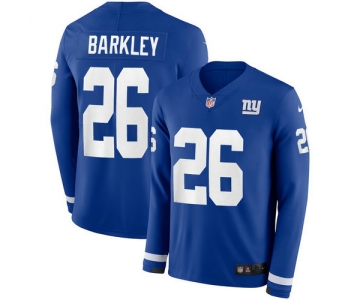 Men Nike New York Giants 26 Saquon Barkley blue Therma Long Sleeve Jersey