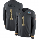 Men's Womens Youth Kids Philadelphia Eagles #1 Jalen Hurts Anthracite Salute To Service Super Bowl LVII Patch Stitched Limited Therma Long Sleeve Jersey