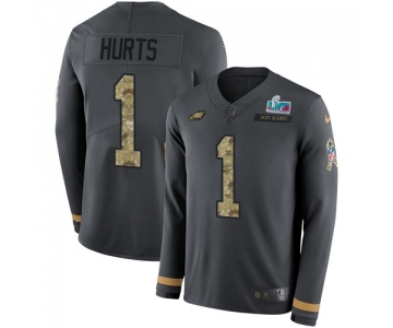 Men's Womens Youth Kids Philadelphia Eagles #1 Jalen Hurts Anthracite Salute To Service Super Bowl LVII Patch Stitched Limited Therma Long Sleeve Jersey