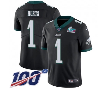 Men's Womens Youth Kids Philadelphia Eagles #1 Jalen Hurts Black Super Bowl LVII Patch Alternate 100th Season Vapor Limited Jersey