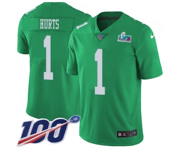 Men's Womens Youth Kids Philadelphia Eagles #1 Jalen Hurts Green Super Bowl LVII Patch Limited Rush 100th Season Jersey