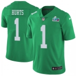 Men's Womens Youth Kids Philadelphia Eagles #1 Jalen Hurts Green Super Bowl LVII Patch Stitched Limited Rush Jersey
