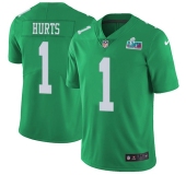 Men's Womens Youth Kids Philadelphia Eagles #1 Jalen Hurts Green Super Bowl LVII Patch Stitched Limited Rush Jersey