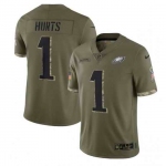 Men's Womens Youth Kids Philadelphia Eagles #1 Jalen Hurts Olive 2022 Salute To Service Limited Stitched Jersey