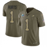 Men's Womens Youth Kids Philadelphia Eagles #1 Jalen Hurts Olive Camo Super Bowl LVII Patch Stitched Limited Salute To Service Jersey