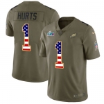 Men's Womens Youth Kids Philadelphia Eagles #1 Jalen Hurts Olive USA Flag Super Bowl LVII Patch Stitched Limited Salute To Service Jersey