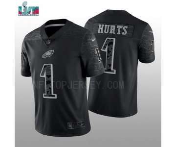 Men's Womens Youth Kids Philadelphia Eagles #1 Jalen Hurts Super Bowl LVII Patch Black RFLCTV Limited Jersey