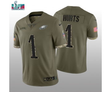 Men's Womens Youth Kids Philadelphia Eagles #1 Jalen Hurts Super Bowl LVII Patch Olive 2022 Salute To Service Limited Jersey