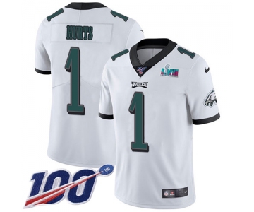 Men's Womens Youth Kids Philadelphia Eagles #1 Jalen Hurts White Super Bowl LVII Patch 100th Season Vapor Limited Jersey