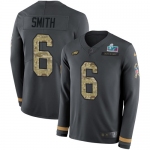 Men's Womens Youth Kids Philadelphia Eagles #6 DeVonta Smith Anthracite Super Bowl LVII Patch Salute To Service Limited Therma Long Sleeve Jersey