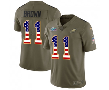 Men's Womens Youth Kids Philadelphia Eagles #11 A.J. Brown A.J. Brown Olive USA Flag Super Bowl LVII Patch Stitched Limited Salute To Service Jersey