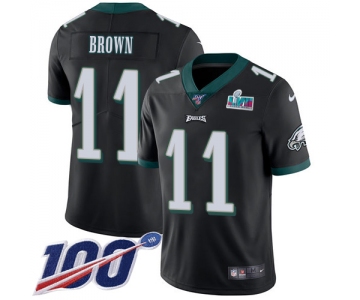 Men's Womens Youth Kids Philadelphia Eagles #11 AJ Brown Black Super Bowl LVII Patch Alternate 100th Season Vapor Limited Jersey