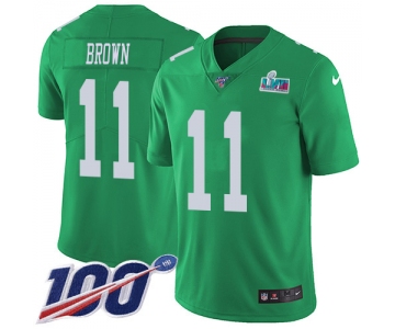 Men's Womens Youth Kids Philadelphia Eagles #11 AJ Brown Green Super Bowl LVII Patch Limited Rush 100th Season Jersey