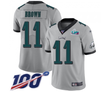 Men's Womens Youth Kids Philadelphia Eagles #11 AJ Brown Silver Super Bowl LVII Patch Limited Inverted Legend 100th Season Jersey