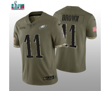 Men's Womens Youth Kids Philadelphia Eagles #11 AJ Brown Super Bowl LVII Patch Olive 2022 Salute To Service Limited Jersey