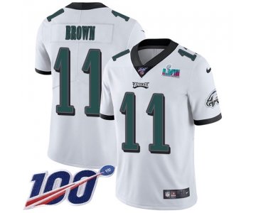 Men's Womens Youth Kids Philadelphia Eagles #11 AJ Brown White Super Bowl LVII Patch 100th Season Vapor Limited Jersey