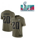Men's Womens Youth Kids Philadelphia Eagles #20 Brian Dawkins Super Bowl LVII Patch Olive 2022 Salute To Service Limited Jersey