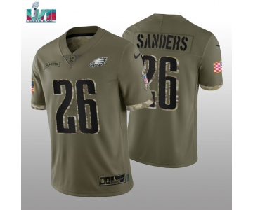 Men's Womens Youth Kids Philadelphia Eagles #26 Miles Sanders Super Bowl LVII Patch Olive 2022 Salute To Service Limited Jersey