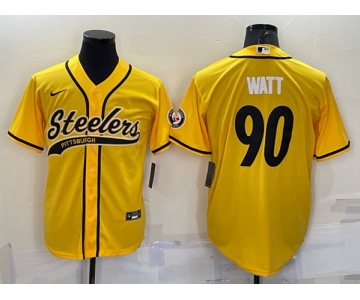 Men's Pittsburgh Steelers #90 T.J. Watt Gold With Patch Cool Base Stitched Baseball Jersey