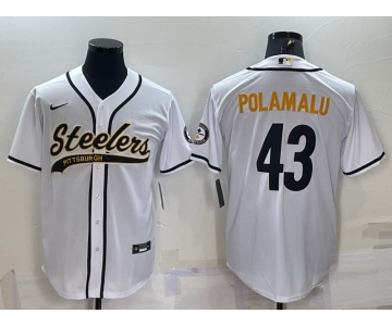 Men's Pittsburgh Steelers #43 Troy Polamalu White With Patch Cool Base Stitched Baseball Jersey