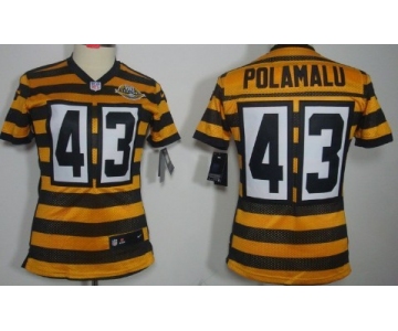 Nike Pittsburgh Steelers #43 Troy Polamalu Yellow With Black Throwback 80TH Womens Jersey