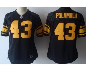 Pittsburgh Steelers #43 Troy Polamalu Black With Yellow Womens Jersey