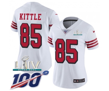 Nike 49ers #85 George Kittle White Super Bowl LIV 2020 Rush Women's Stitched NFL Limited 100th Season Jersey