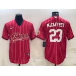 Men's San Francisco 49ers #23 Christian McCaffrey Red Pinstripe With Patch Cool Base Stitched Baseball Jersey