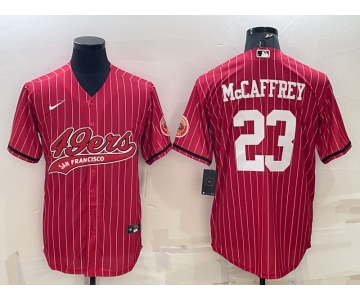 Men's San Francisco 49ers #23 Christian McCaffrey Red Pinstripe With Patch Cool Base Stitched Baseball Jersey