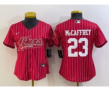 Women's San Francisco 49ers #23 Christian McCaffrey Red Pinstripe With Patch Cool Base Stitched Baseball Jersey