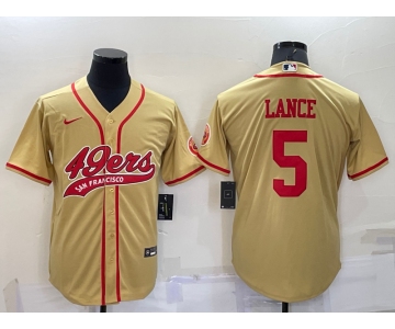 Men's San Francisco 49ers #5 Trey Lance Gold Stitched Cool Base Nike Baseball Jersey