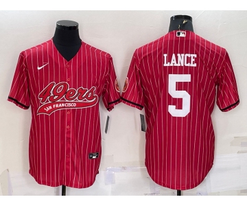 Men's San Francisco 49ers #5 Trey Lance Red Pinstripe With Patch Cool Base Stitched Baseball Jersey