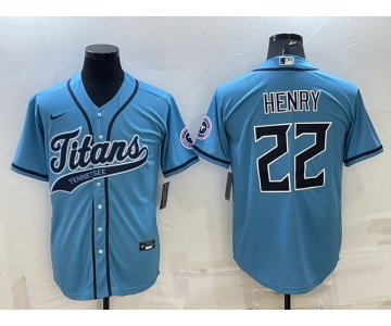 Men's Tennessee Titans #22 Derrick Henry Blue With Patch Cool Base Stitched Baseball Jersey