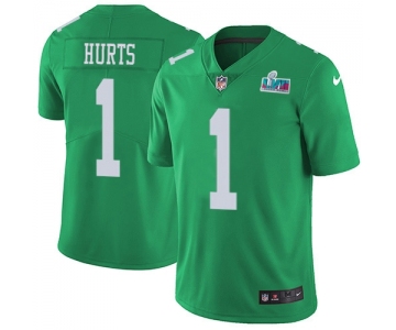 Mens Womens Youth Kids Philadelphia Eagles #1 Jalen Hurts Green Super Bowl LVII Patch Stitched Limited Rush Jersey