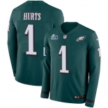 Mens Womens Youth Kids Philadelphia Eagles #1 Jalen Hurts Green Team Color Super Bowl LVII Patch Stitched Limited Therma Long Sleeve Jersey