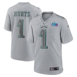 Mens Womens Youth Kids Philadelphia Eagles #1 Jalen Hurts Nike Super Bowl LVII Patch Atmosphere Fashion Game Jersey - Gray