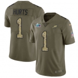 Mens Womens Youth Kids Philadelphia Eagles #1 Jalen Hurts Olive Camo Super Bowl LVII Patch Stitched Limited Salute To Service Jersey
