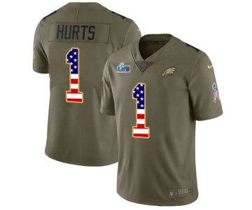 Mens Womens Youth Kids Philadelphia Eagles #1 Jalen Hurts Olive USA Flag Super Bowl LVII Patch Stitched Limited Salute To Service Jersey
