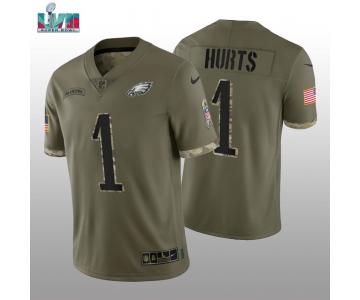 Mens Womens Youth Kids Philadelphia Eagles #1 Jalen Hurts Super Bowl LVII Patch Olive 2022 Salute To Service Limited Jersey
