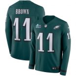 Mens Womens Youth Kids Philadelphia Eagles #11 A.J. Brown Green Team Color Super Bowl LVII Patch Stitched Limited Therma Long Sleeve Jersey