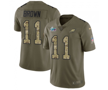Mens Womens Youth Kids Philadelphia Eagles #11 A.J. Brown Olive Camo Super Bowl LVII Patch Stitched Limited Salute To Service Jersey