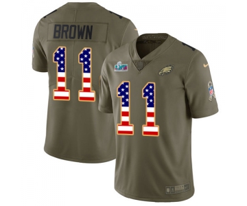 Mens Womens Youth Kids Philadelphia Eagles #11 AJ Brown Olive USA Flag Super Bowl LVII Patch Youth Stitched Limited 2017 Salute To Service Jersey